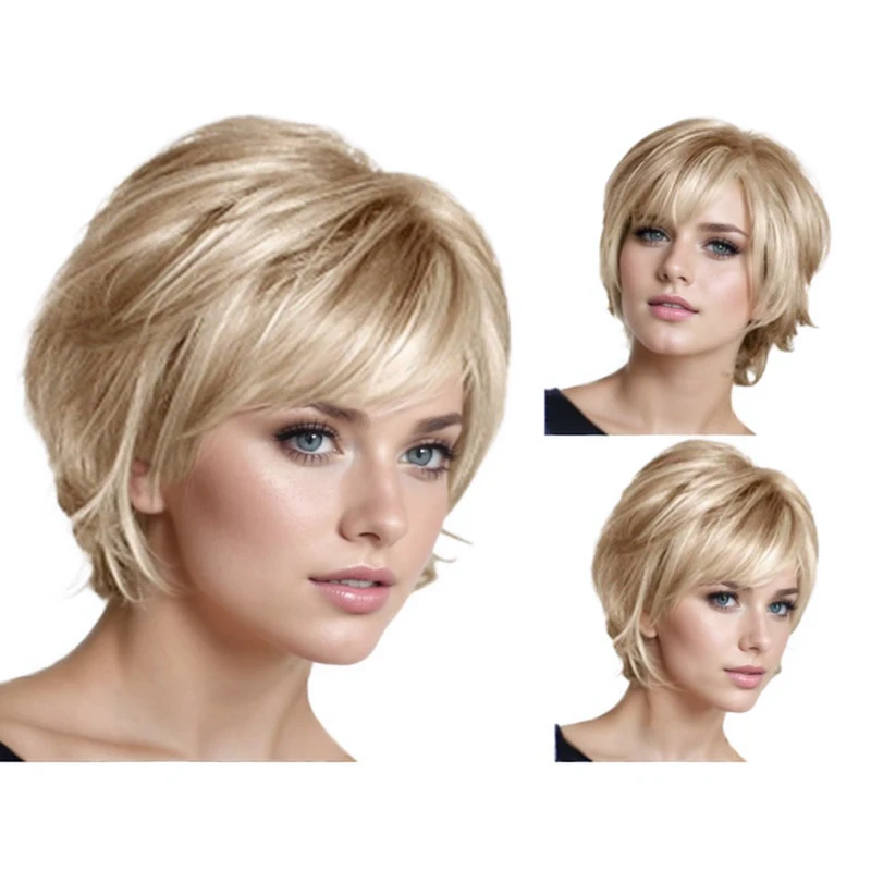 

Women's Short Straight Hair, Fluffy Side Bangs, Golden-White Wig, High-Temperature Fiber