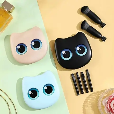 6Pcs Mini Travel Makeup Brushes Set with Mirror Cat Storage Box Travel Makeup Brushes Set Cosmetic Powder Blush Blending Brushes