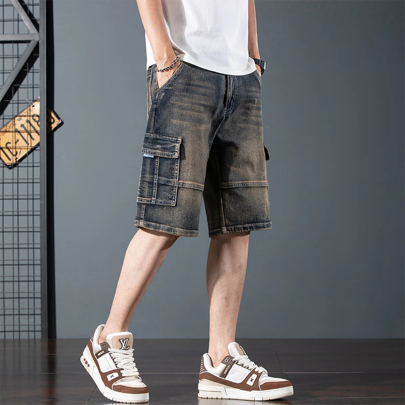 Summer stretch denim shorts for men Men's loose multi-pocket cargo denim shorts Plus size 28-44