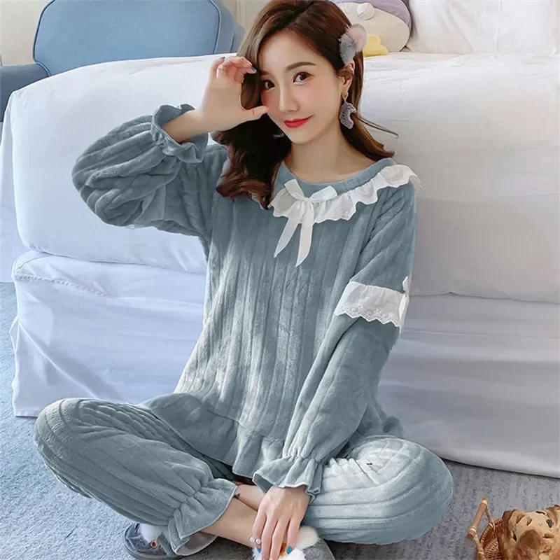 Sweet Bow Design Women Winter Pajama Sets Cute Fleece Velvet Warm Sleepwear Girls Solid Soft Home Wear Lovely Thick Nightwear