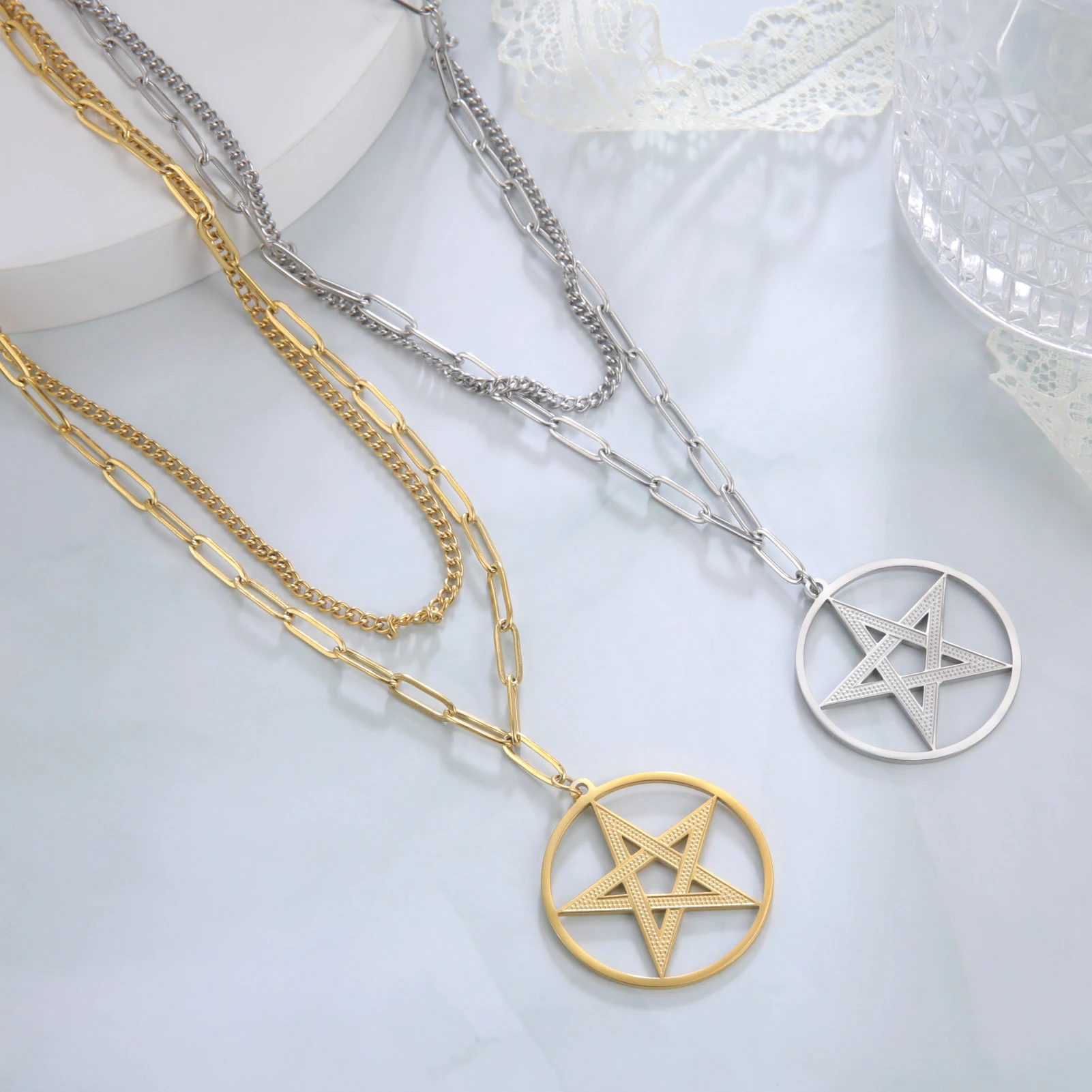 Hollow Star Pendant Necklace Simple Stainless Steel Double Layer Necklace Fashion Women\'s Jewelry for Birthday Gift