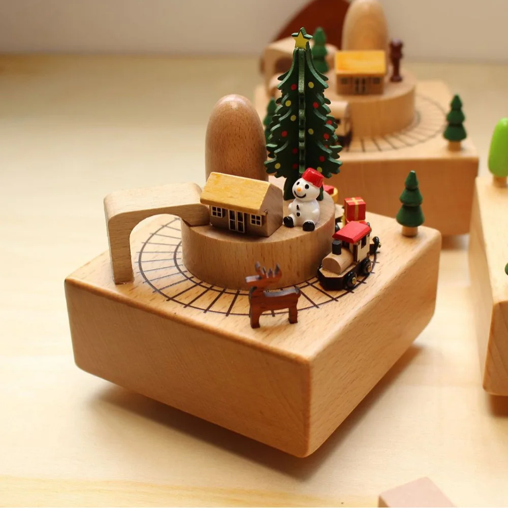 Cottage Garden Castle Car Woodgrain Wind-Up Musical Figurine Wooden Creative Music Box Carousel Wooden Train Birthday Gifts