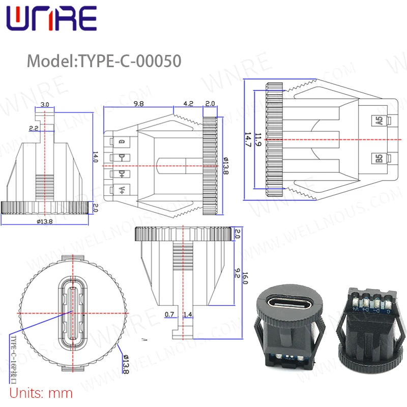 TYPE-C-00050 Connector Waterproof Buckle Without Wire USB Interface Female Socket Fast Charging High Current Socket Interface