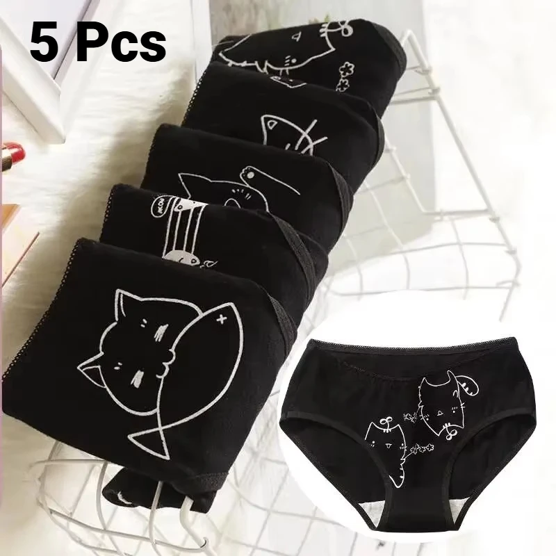 5 Pcs Women Cute Cat Cartoon Panties Soft Comfortable Ladies Short Underwear Casual Intimate Underpants For Daily Wear