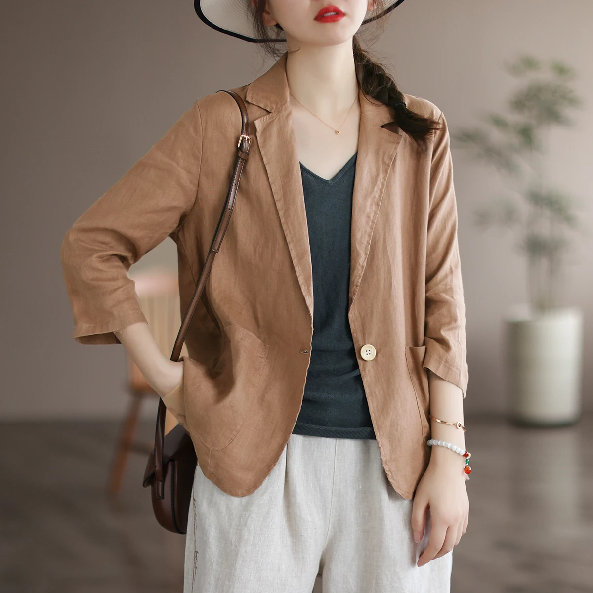 1888 Summer Breathable Skin-Friendly Cotton Linen Blazer Coats For Women Office Lady Temperament Simple Solid Color Female Coats