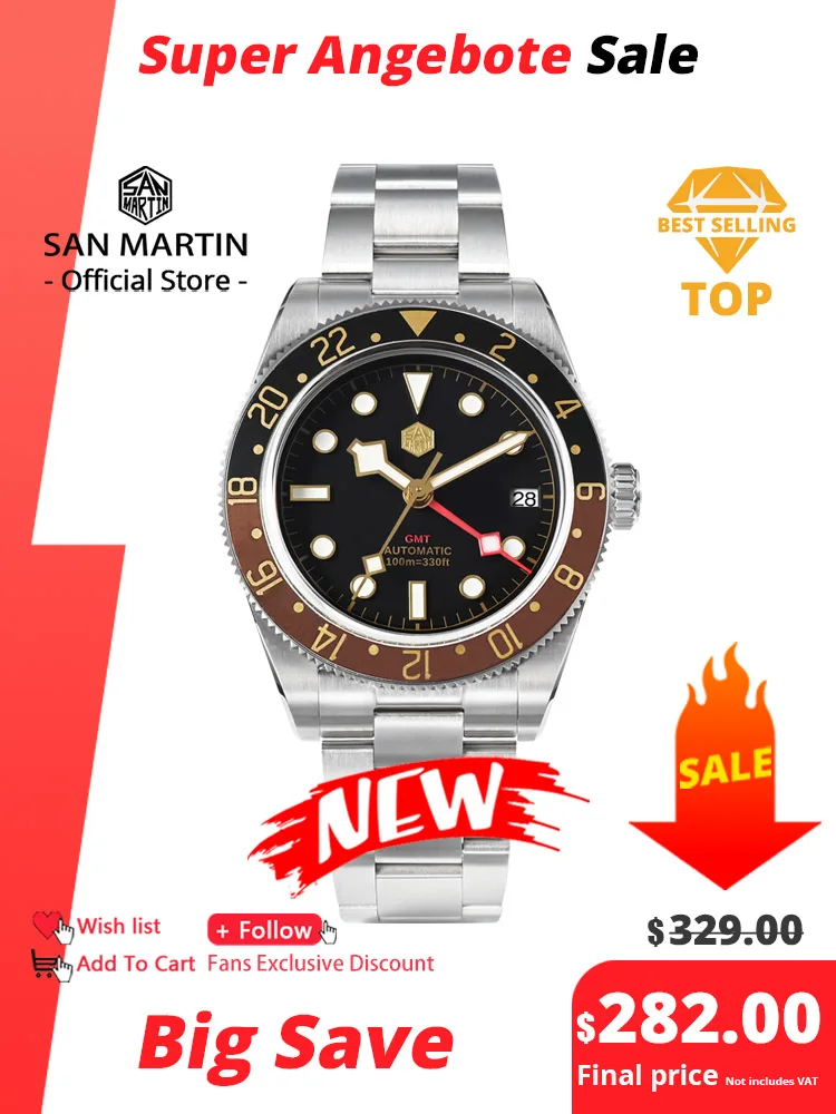 

San Martin Root Beer Classic Vintage Luxury Men's Watch 39mm NH34 GMT Automatic Mechanical Watch Sapphire Waterproof 100m SN0109