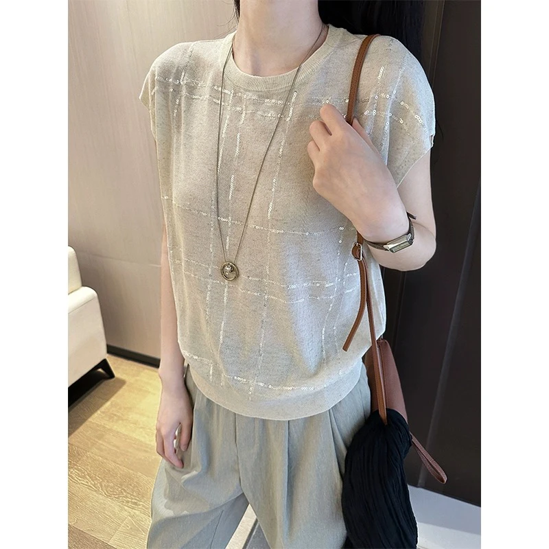루즈핏 린넨 니트 라운드넥 티셔츠, 세련된 디테일, 편안한 캐주얼 여성용 여름 상의