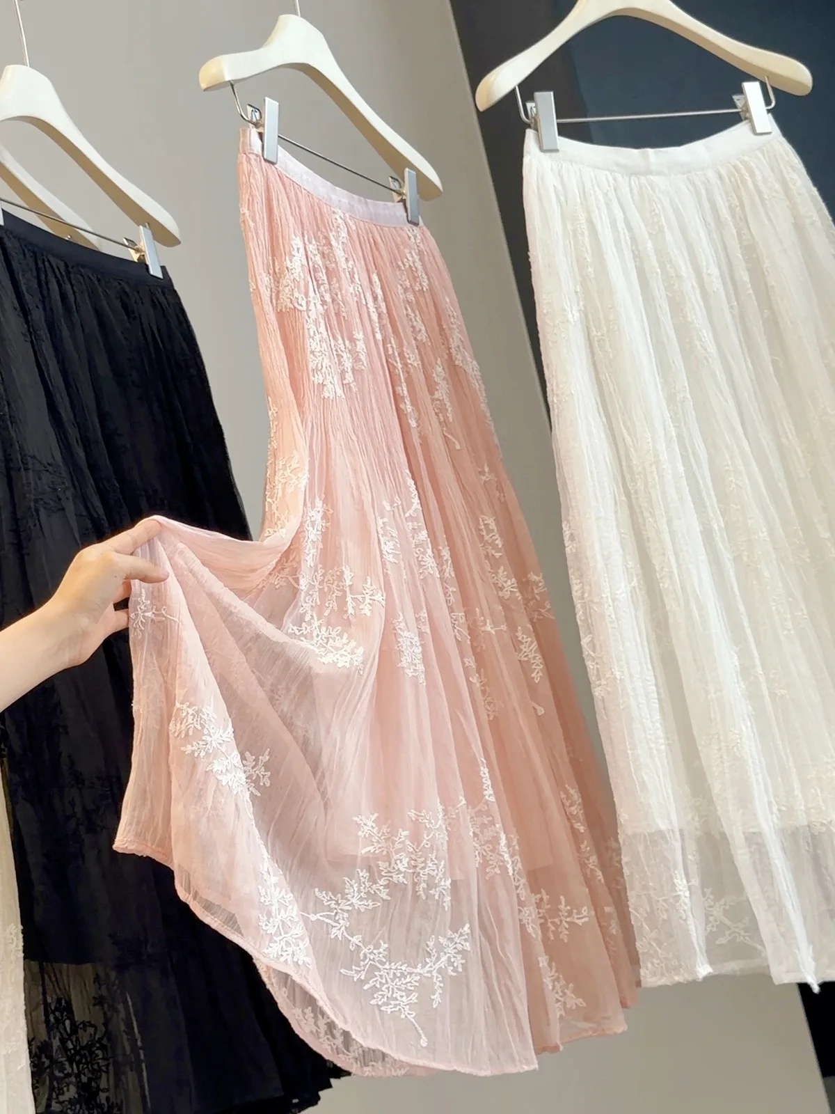 Elegance French Lavender Purple Embroidered Floral Chiffon Maxi Skirts High Waist Flowy A-line Skirt Women Countryside Gareden