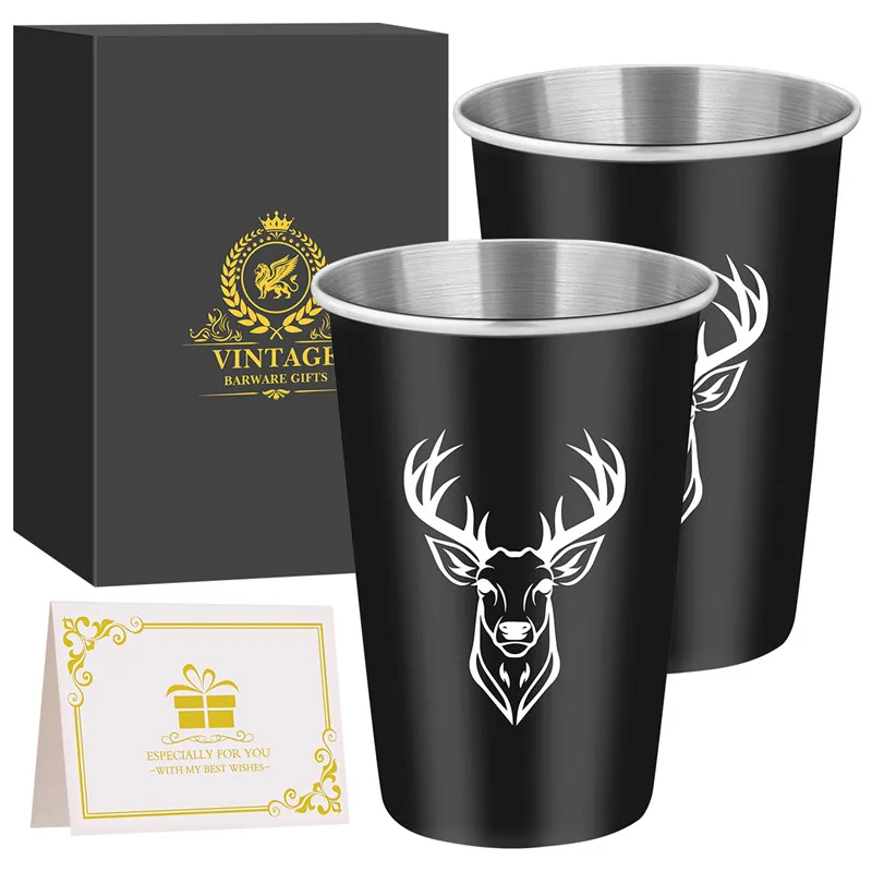 Stackable 2Pcs/set Deer Elk Head Beer Glasses Stainless Steel Cups Tumbler Metal Kitchen Bar Large Drinking Mug Wedding Gift Set