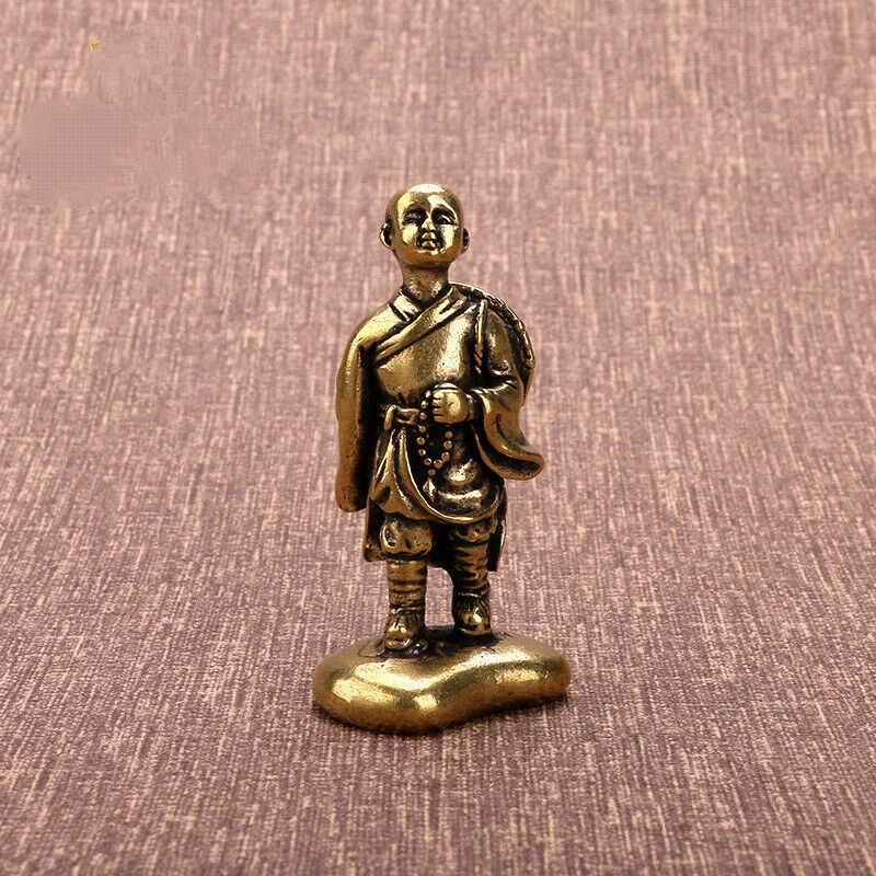 Vintage Brass Wandering Monk Figurine Buddhist Young Monk Statue Mini Zen Ornament Home Office Desktop Decor Craft Gift