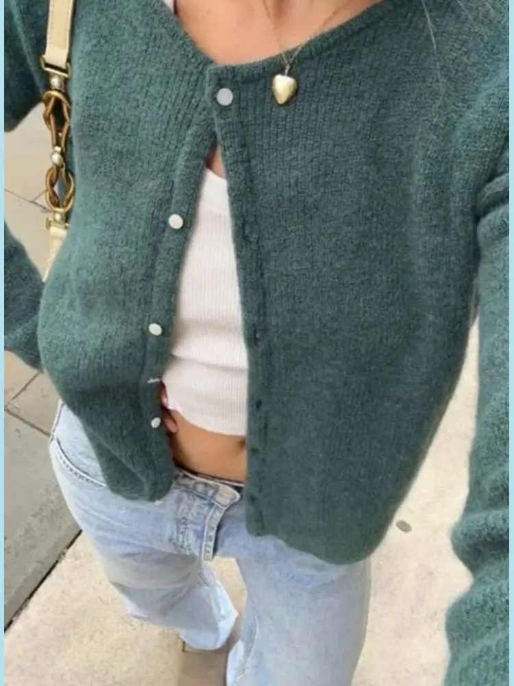 

New Fashion Basic Women Solid Color Round Neck Long Sleeve Sweater Coats Casual Versatile With Button Soft Warm Cardigan Jackets