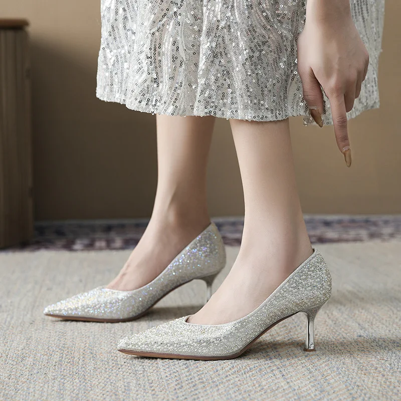 Luxury Diamond-encrusted Wedding Shoes Female Bride High Heels Pointed Toes Soft Comfortable Thin Heels Single Shoes 6.5cm