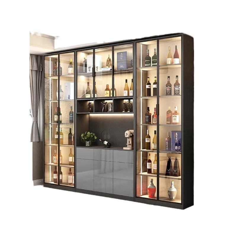 

Легкий роскошный винный шкаф из массива дерева со стеклянными дверцами, пристенный, со встроенной подсветкой, современный, простой, для гостиной.