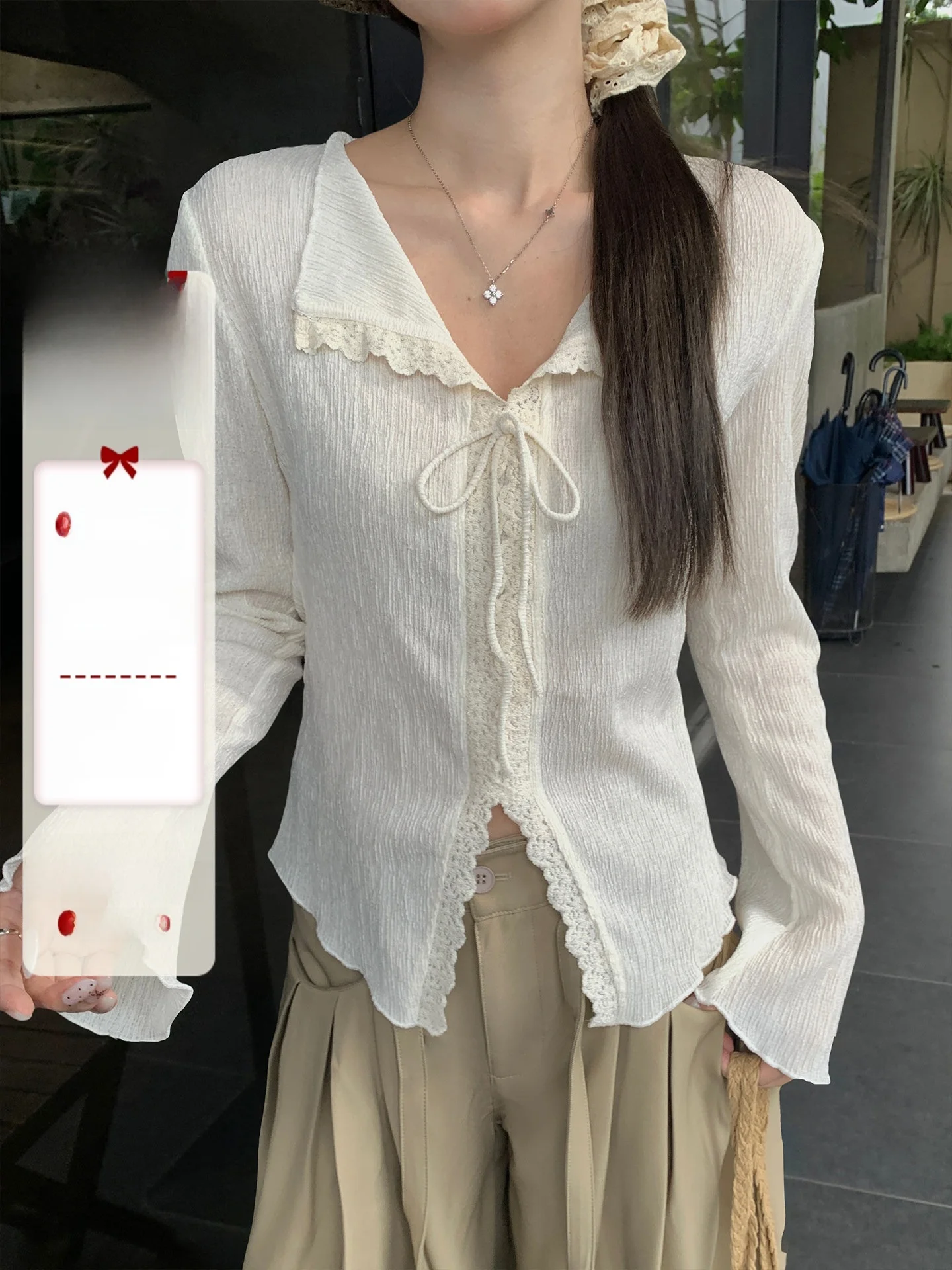 

Korean Style Slim Fit Lace Collar Shirt Women's Fashion Textured Design Long Sleeve Cotton Spring Autumn Casual Top