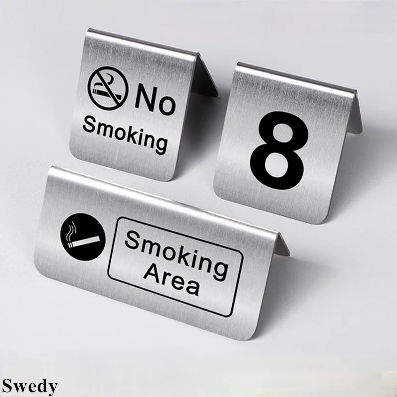 10 Pcs Stainless Steel Warning No Smoking Signs Board Hotel Restaurant Metal Plates No Smoke Table Number Reserved Signs Stand