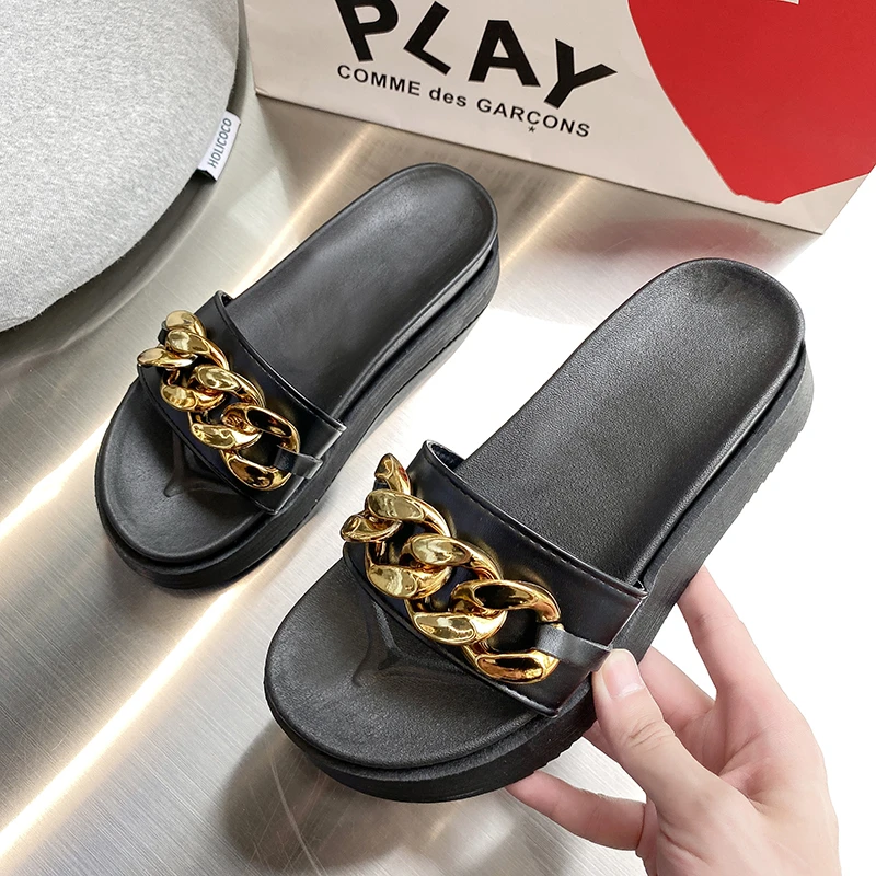 Slippers Casual Rivet Rubber Flip Flops Female Shoes Slides Low Luxury Hawaiian Soft 2022 Flat PU Fashion Basic Metal Decoration