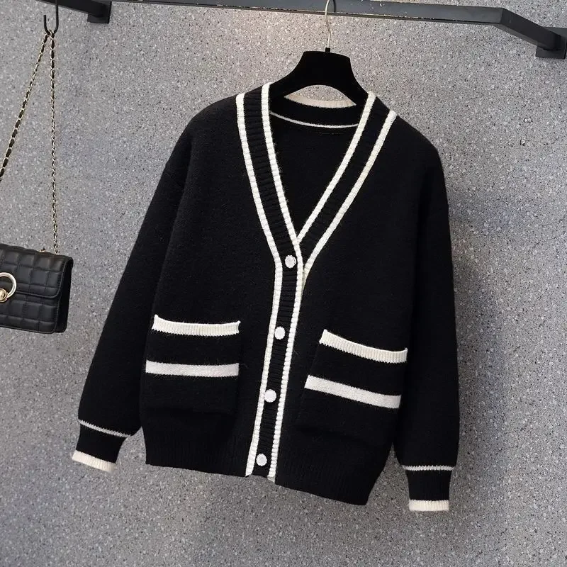 

Women Clothing Striped Contrast Knitting Cardigan Autumn Winter New Button Loose All-match Vintage Sweaters Top Fashion JJ467