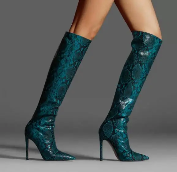 Fashion Blue Brown Python Snakeskin Leather Slim Knee High Boots Women Pointed Toe Tube Slip On Run Way Modern Long Boots Shoes