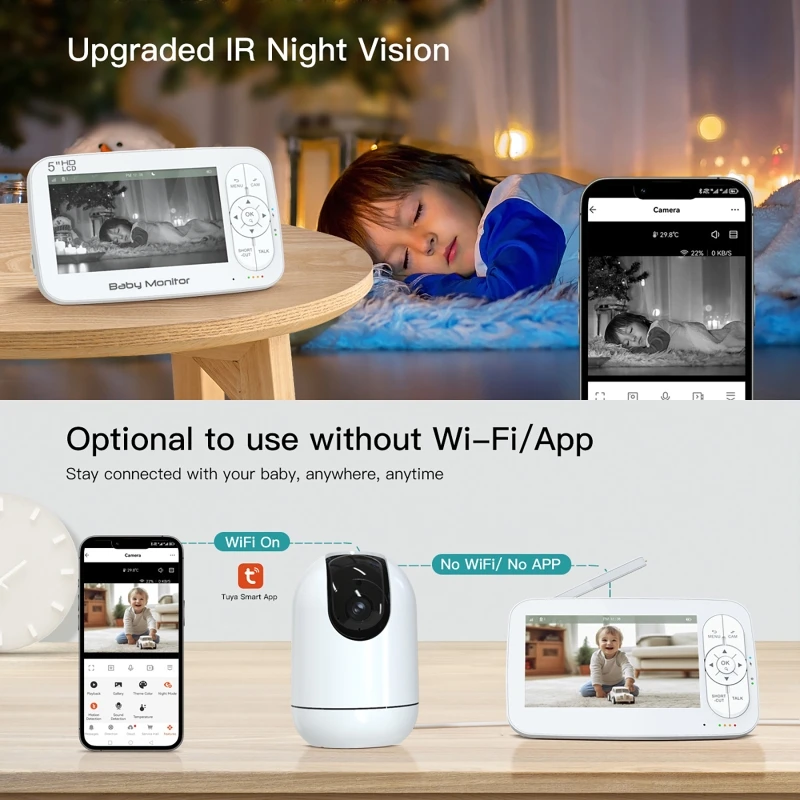 WIFI Baby Monitor with 5-inch High Definition Display APP & Monitor Control Two Way Audio Baby Monitor 4x Zoom Night Monitoring