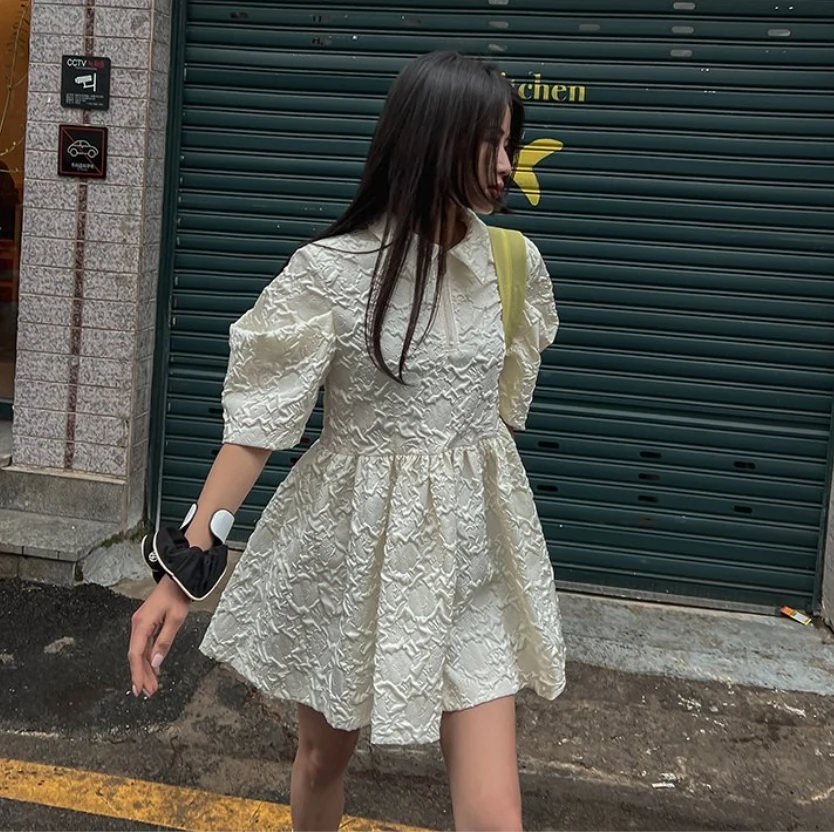 

Women's Bubble Print Dress Halfl Zipper Waist Cinching Flounce Skirt Trendy Spring Summer Cotton Short Sleeve Blouse