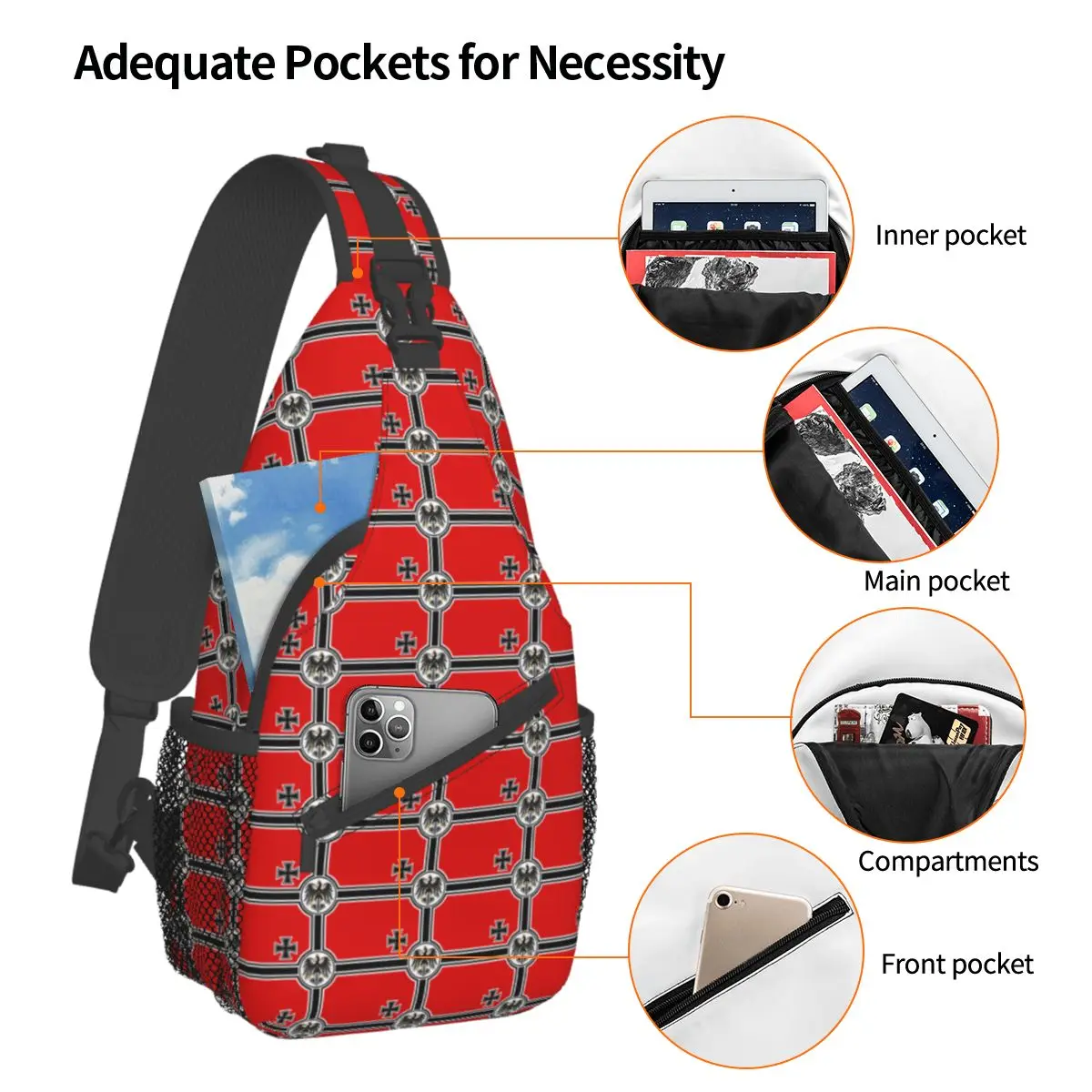 Bandeira do Império do Reich Alemão Small Sling Bags Peito Crossbody Ombro Sling Mochila Caminhadas Viagem Mochilas Alemanha Casual Satchel