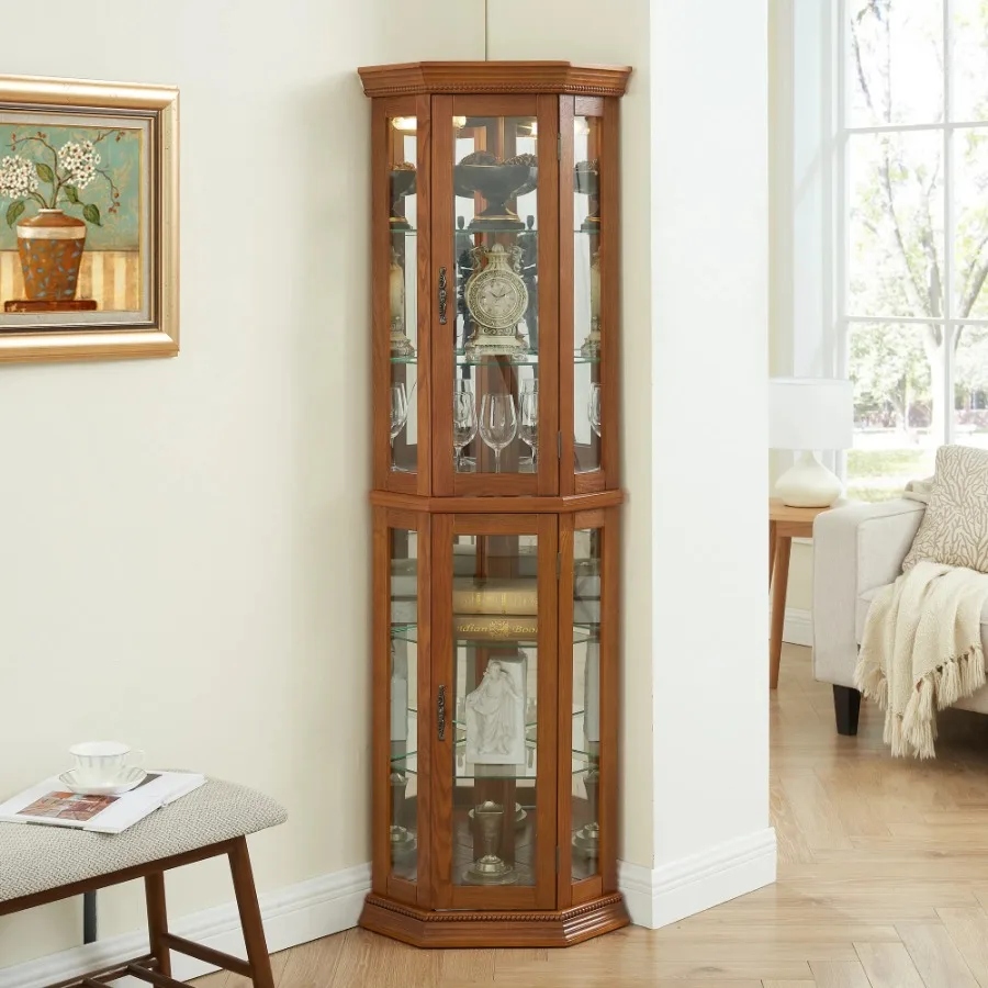 

Corner Curio Cabinet Lighted Corner Display Glass Display Shelf Shelving Bar cabinet with Tempered Glass Door Bar Cabinet Cabin