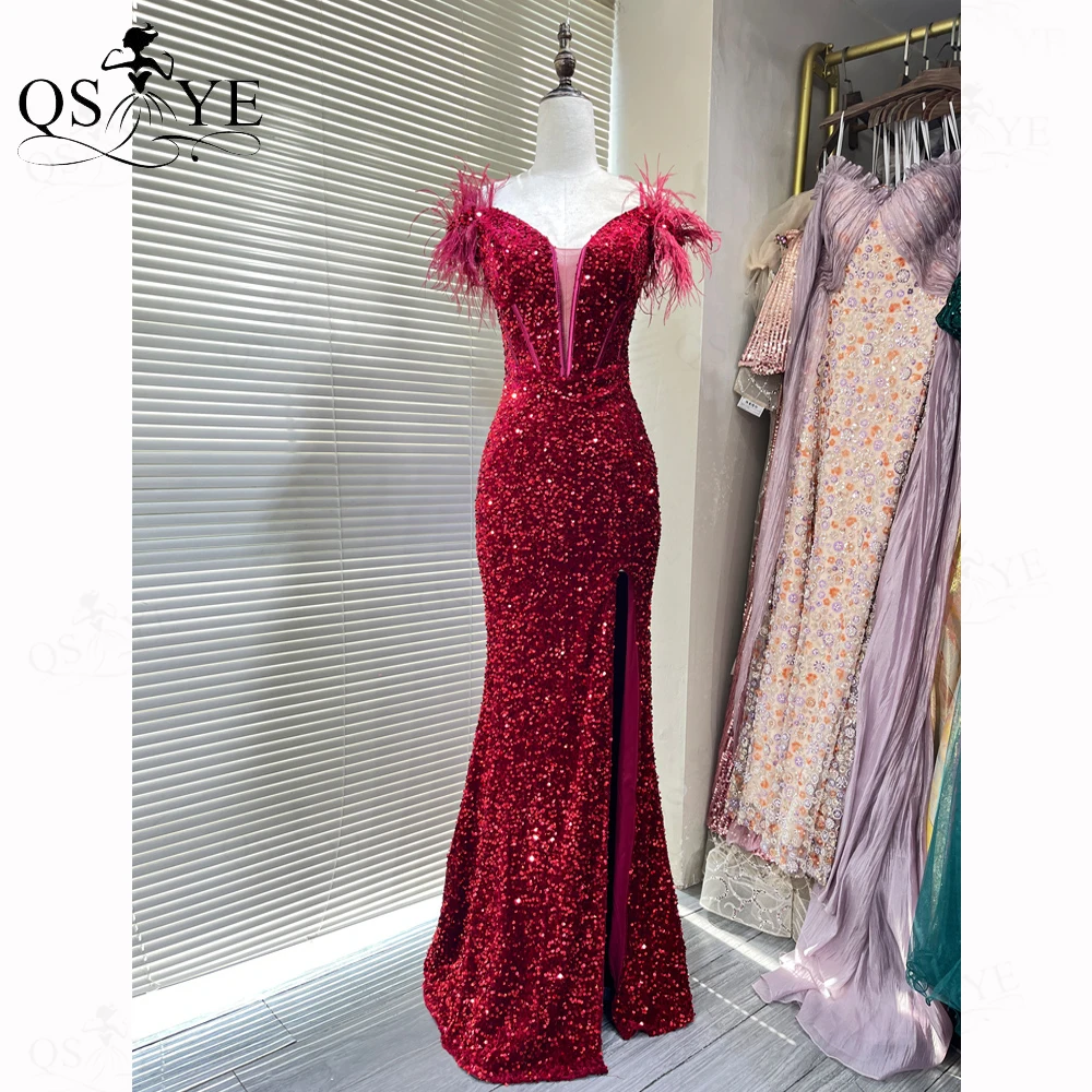 

Ostrich Fur Burgundy Prom Dresses Mermaid Off Shoulder Big Sequin Boned Basque Waist Evening Gown Split Elegant Fit Woman Dress