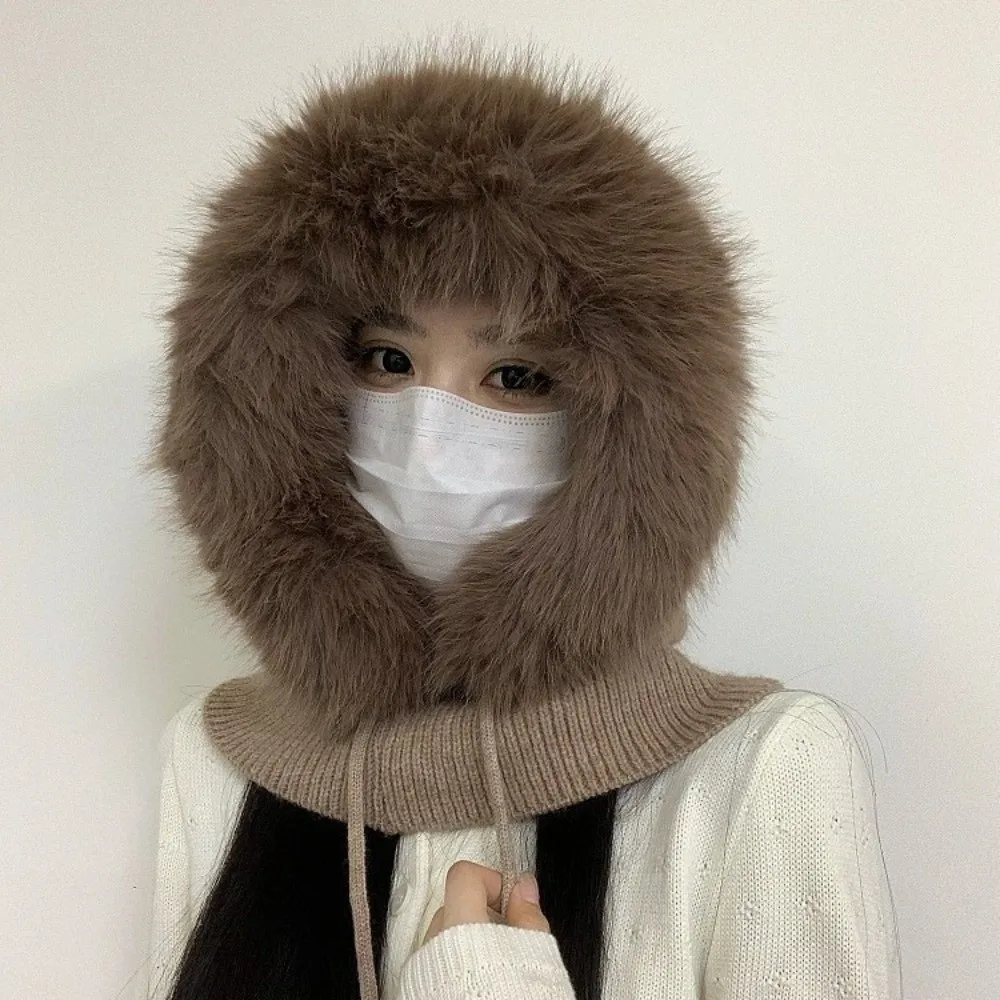 

Casual One-Piece Winter Balaclava Hats Ear Protection Windproof Knitted Hooded Caps Solid Color Thicken Pullover Hat