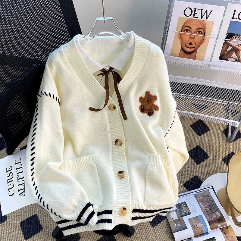

College Style Cute Cartoon Embroidery Cardigans Women Korean Stringing Fashion Sweater Jacket Japanese Style Kawaii Knitted Tops
