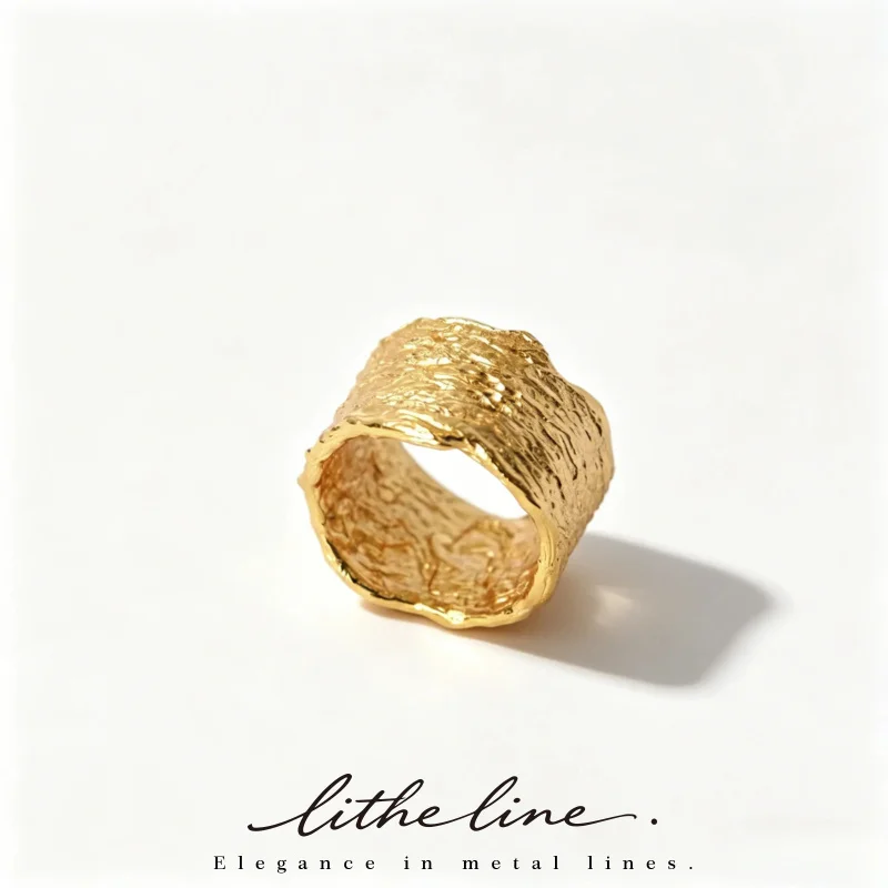 Anillo de Banda Ancha con Textura Fundida en Latón Chapado en Oro de 24K Litheline, Joyería Unisex Hipoalergénica