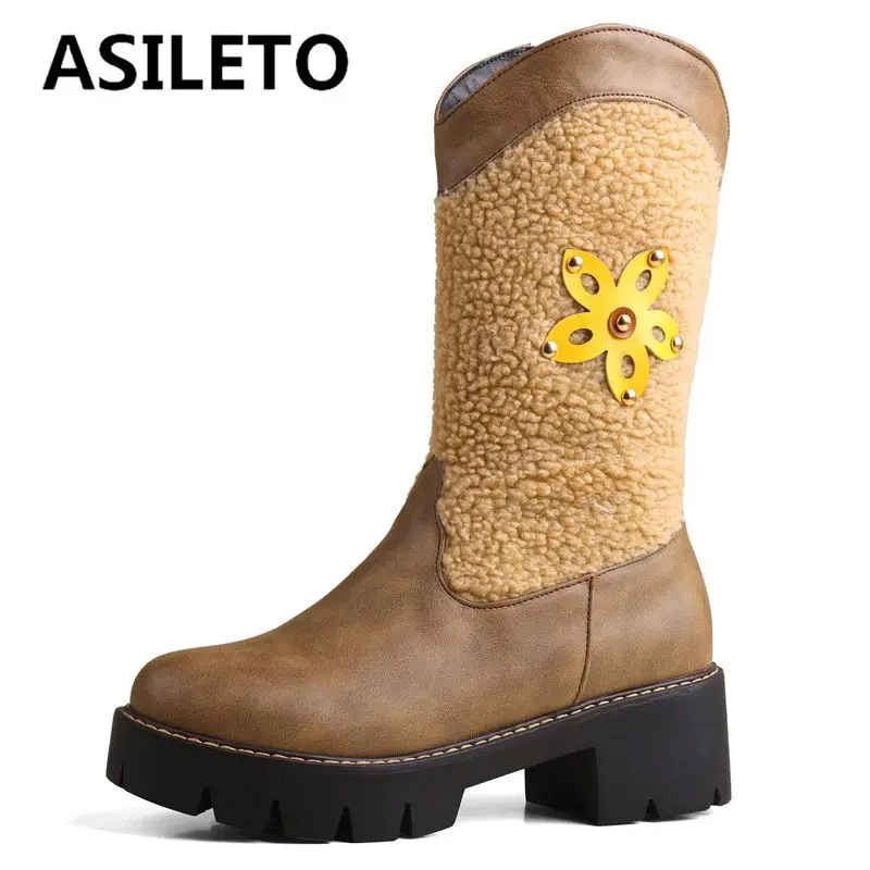 ASILETO Fashion Women Boots Round Toe Block Heels 5.5cm Platform Zipper Mixed Rivets Flower Big Size 42 43 Retro Mid Calf Bota