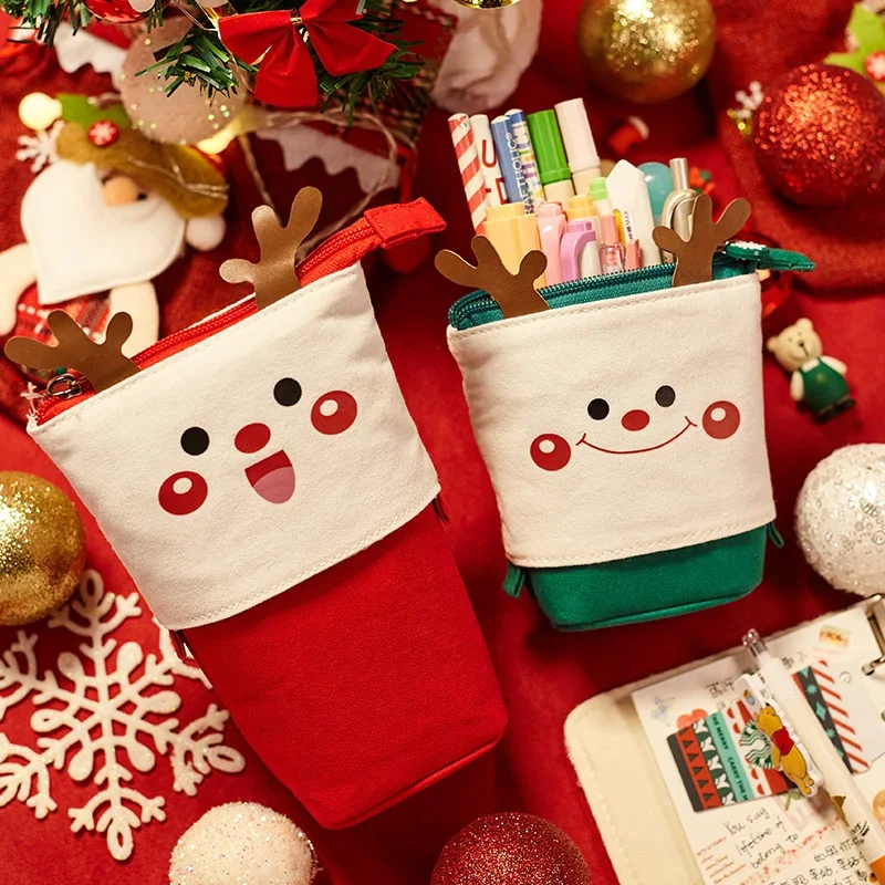 Christmas Retractable Cute Pencil Case School Stationery Storage Bag Canvas Pencil Bag Kawaii Pen Holder