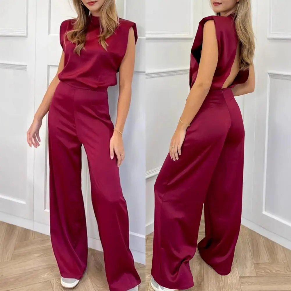 Mode Satin Overalls frauen Solide Schlank Ärmellose Backless Breite Bein Overall 2025, Frühling Sommer Neue Elegante Weibliche Outwear