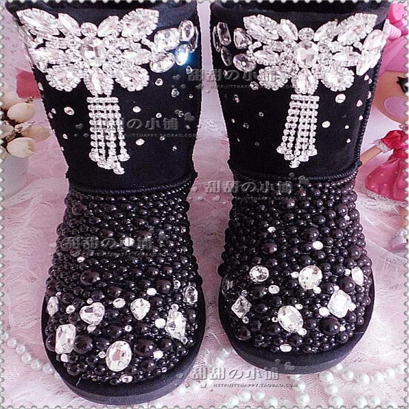 Handcrafted black fringe pearl diamond accessories Fur One Snow boots large size mid-tube thickened women's cotton shoes 35-44