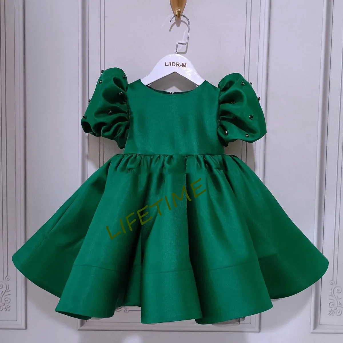 Summer Flower Girl Dress Scoop Neck Puff Girls Party Dresses for Wedding Short Sleeves Satin Kids Christmas Ceremonial Dress