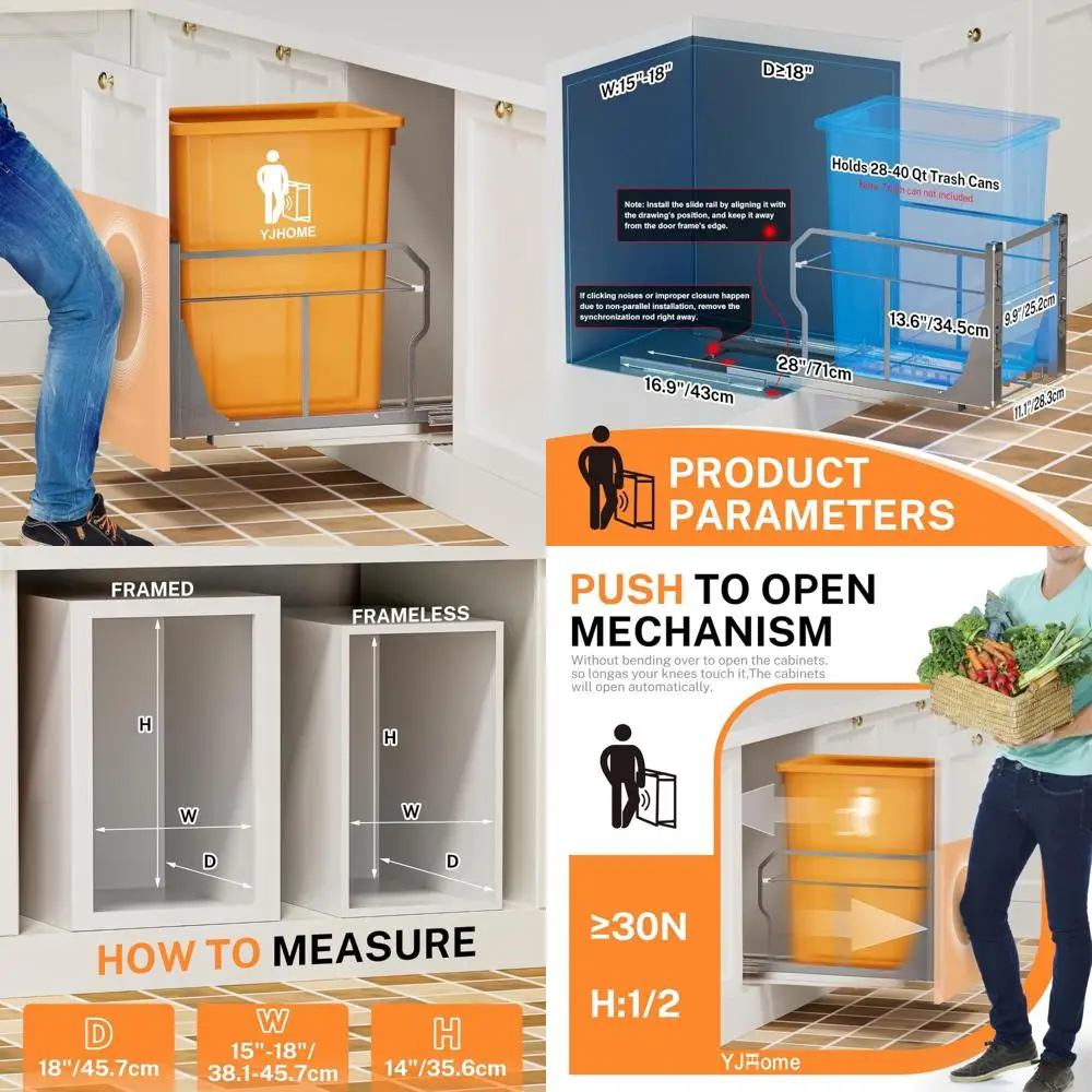 

Cabinet-Mounted Pull-Out Trash Can with Push-to-Open Slides, Garbage Can Not Included, Under-Cabinet Waste Bin Kit for Easy Wast