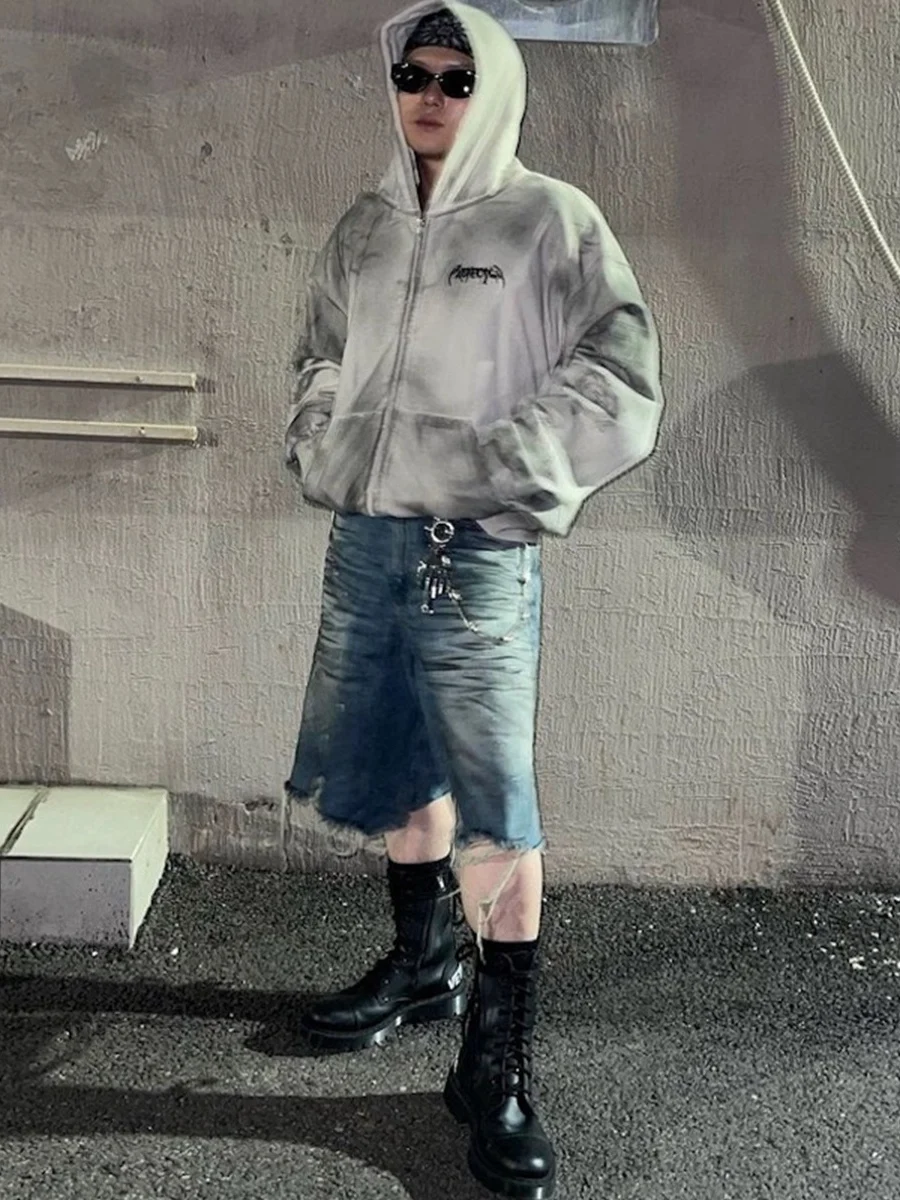 

Мужские джинсы Waed Vintage с эффектом крашения, плиссированные, с отворотами, длина до середины икры, повседневные, молодежный тренд, свободный прямой крой