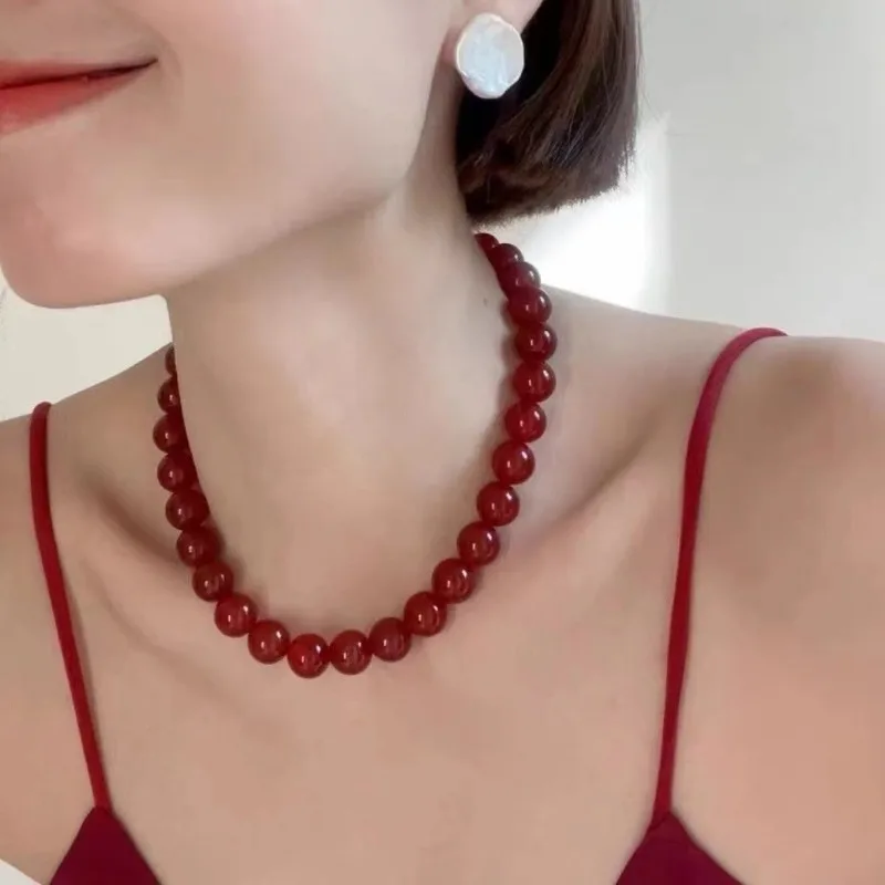 Elegant Red Beaded Necklace New Chinese Style Women Vintage Black Handmade Glass Beads Choker Girls Imitation Pearl Jewelry