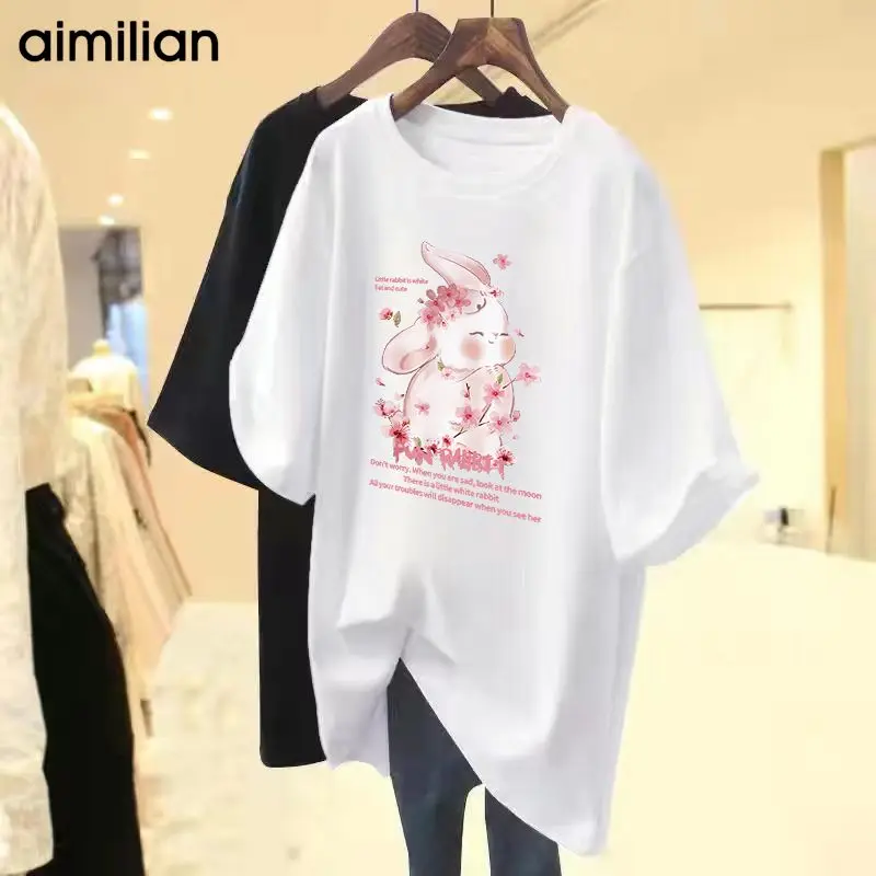 

Women Cartoon Printed T-shirt Short Sleeve O-neck Loose Pullover Summer Casual Comfortable Basics Pure Cotton Top Tees