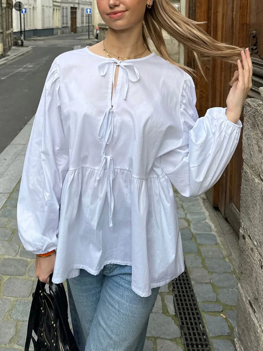 Mulheres rendas até frente blusa verão listrado solto ajuste em torno do pescoço manga longa puff camisas elegante senhora do escritório pulôver