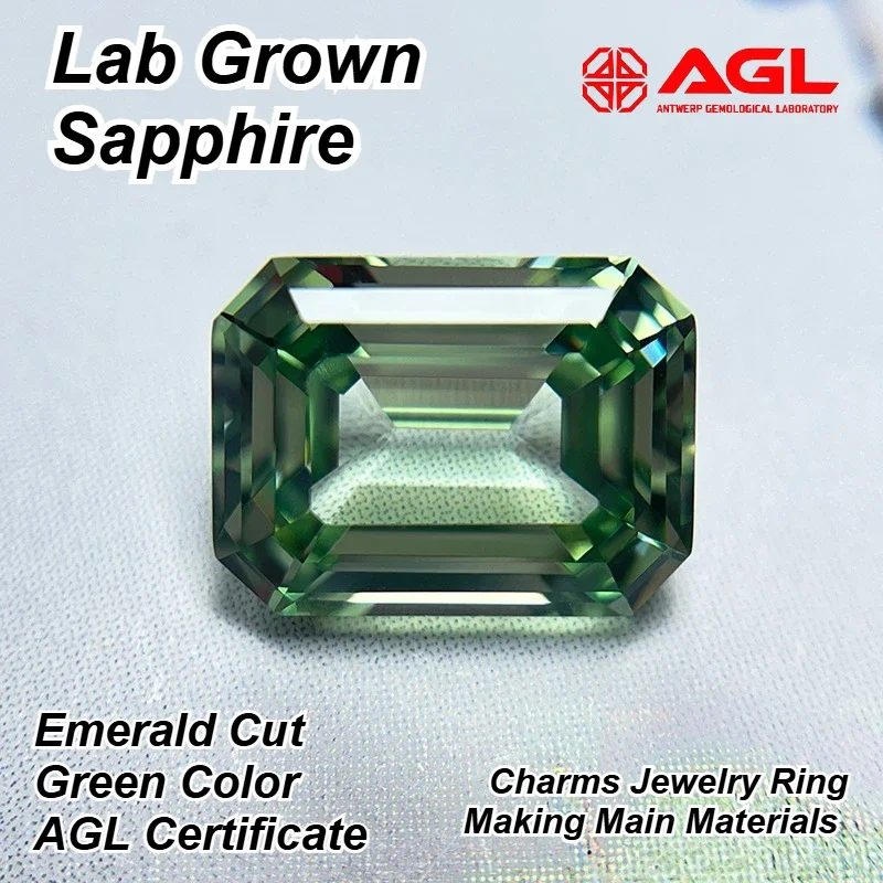 

High Quality Lab Grown Sapphire Emerald Cut Green Color Charms Jewelry Ring Making Main Materials Selectable Certificate