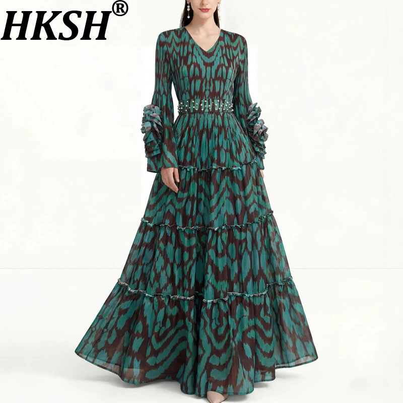 

Женское платье оверсайз HKSH с принтом, длинными рукавами, V-образным вырезом, приталенное, плиссированное, элегантное, новинка весна-лето 2026 HK19139