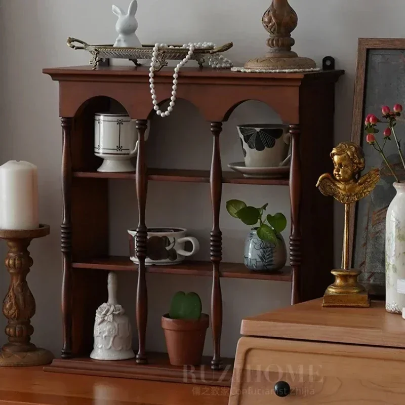 Retro Retro ถ้วยกาแฟผู้ถือไม้ Arch ชั้นวาง Multi-partition ตู้แสดงตกแต่งห้องนั่งเล่น Wall Organizer ขาตั้งแก้ว