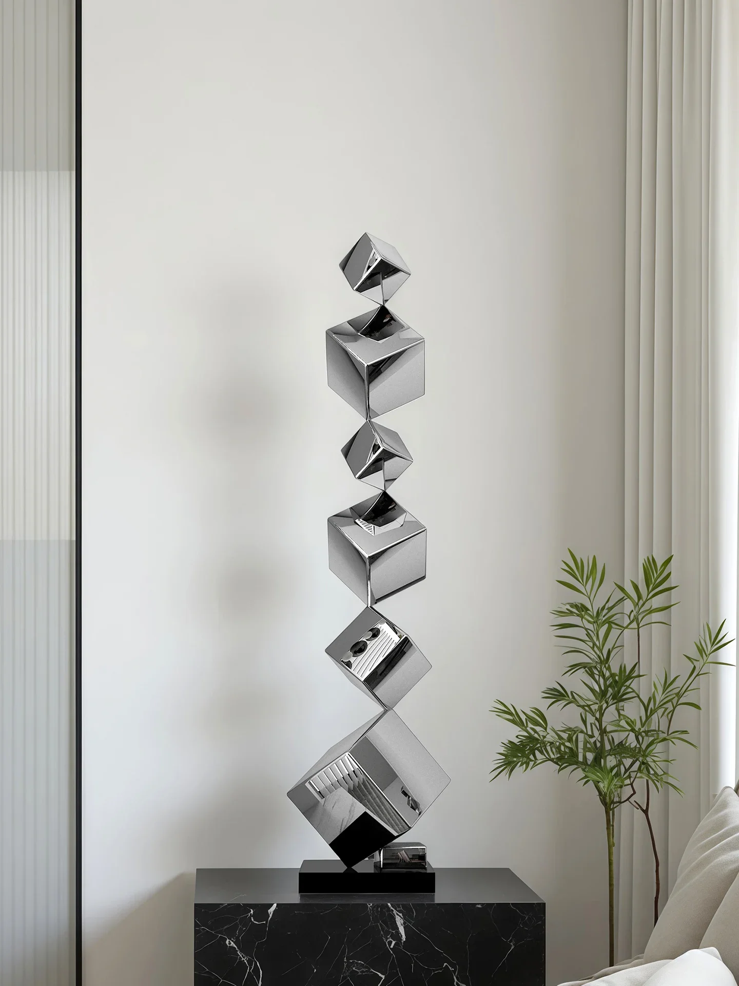 Modern light luxury floor-to-ceiling sculpture artwork geometric stainless steel model room hotel lobby entrance niche ornament