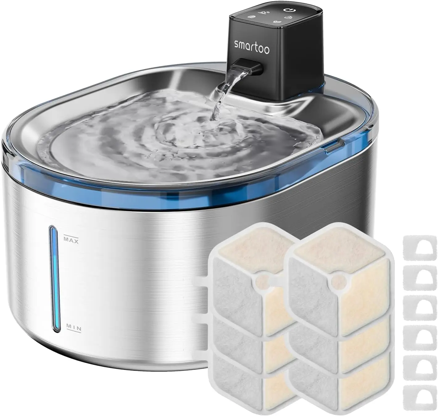 

Беспроводной фонтан для домашних животных, 152 унции, нержавеющая сталь, с датчиком движения, ультра тихим насосом и 6 фильтрами