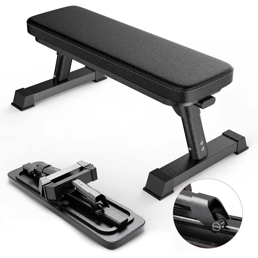 Gym Quality Foldable Flat Bench for Multi-Purpose Weight Training and Ab Exercises - Free PDF Workout Chart Included