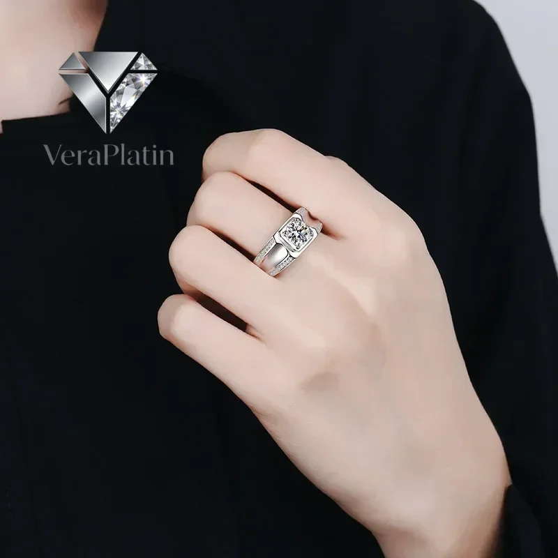

VeraPlatin Men Engagement Rings 18K White Gold Wedding Band 1CT Moissanite Diamond Valentine's Day PT950 Platinum Boy Friend Bir