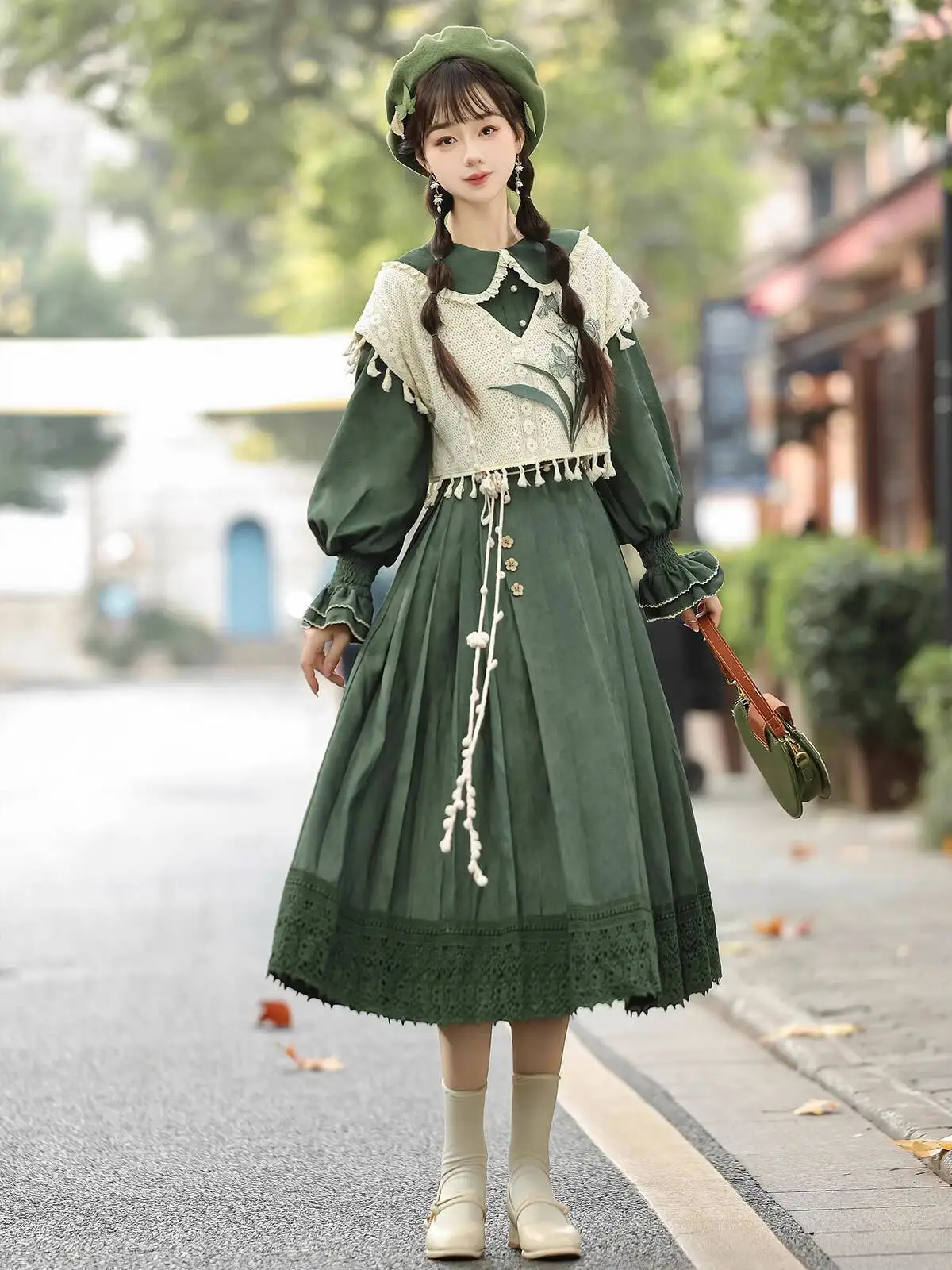 

Новый винтажный зеленый комплект платья Лолиты в китайском стиле с пушистыми рукавами, улучшенный женский жилет Han Elements Han, повседневный жилет с вышивкой