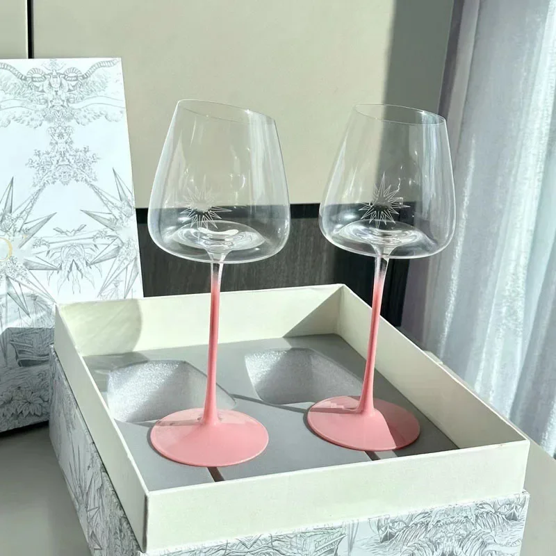 2PCS Pink Pole Bevel Mouth Crystal Glass Goblet Burgundy Glass Gift Box Set Ornaments Champagne Cocktail Red Wine Cup Decoration