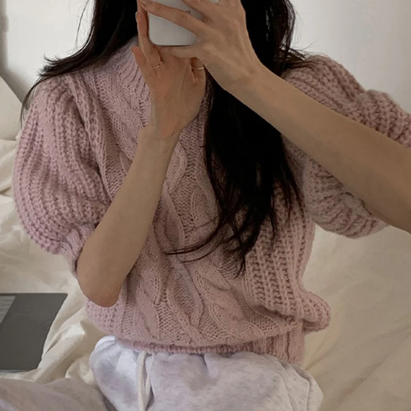 2025 suave vintage torção doce jumper feminino tripulação pescoço puff manga curta camisola outono casual sólido solto malhas topos